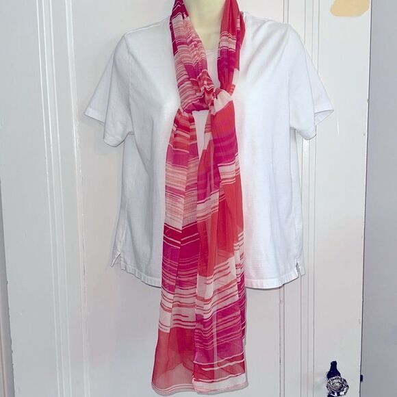 Isa & Stef Striped Pink, Orange, Red & Cream Semi- Sheer Shawl or Scarf - Picture 5 of 8